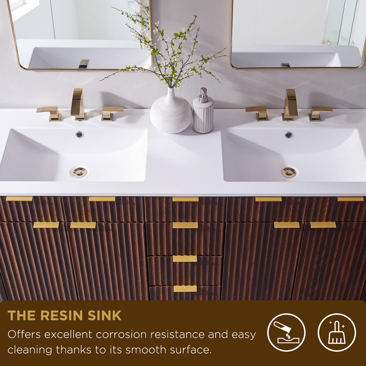 T4TREAM 60" Fluted Bathroom Vanity with Resin Sink Combo, Natural Oak