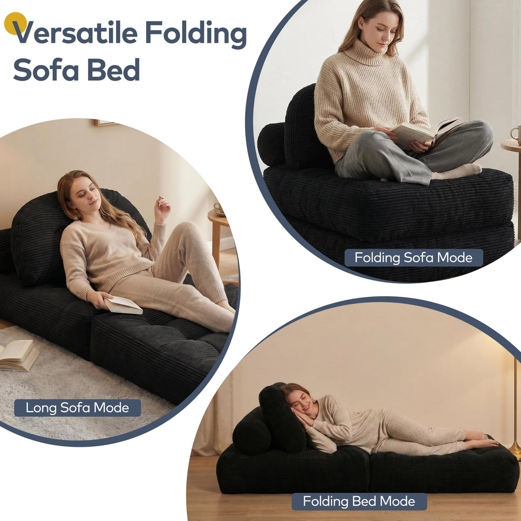 Convertible Corduroy Floor Sofa, 3-in-1 Folding Lazy Sofa Bed with Adjustable Backrest, Soft Bean Bag Chair Lounger for Living Room, Bedroom, Guest Room, Oversized Sleeper Chair