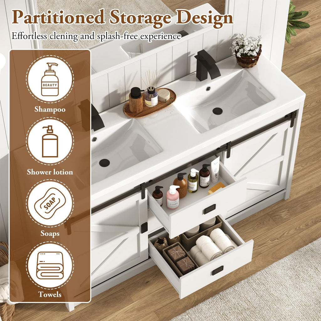 Double Bathroom Vanity with Sink & Faucet & Sewer Pipes,59" Farmhouse Bathroom Vanity Cabinet Set with 3 Storage Drawers & Sliding Barn Door,Double Sink Vanities With Metal Handle(Rustic Grey)