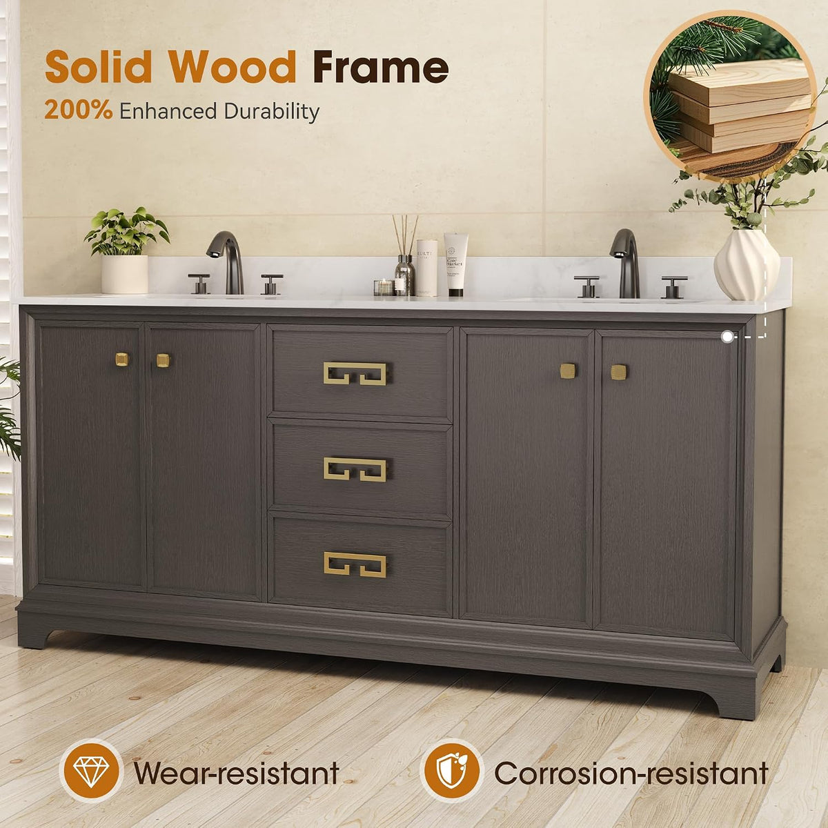 72 Inch Double Sink Bathroom Vanity Solid Wood, Fully Assembled