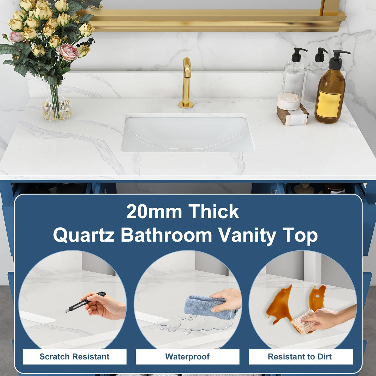 60" Bathroom Vanity Single Sink with 3 Hole, Sink Bathroom Vanity with Solid Wood Frame Storage,Soft Close Double Doors & 9 Sliding Drawers, with Gold Accents