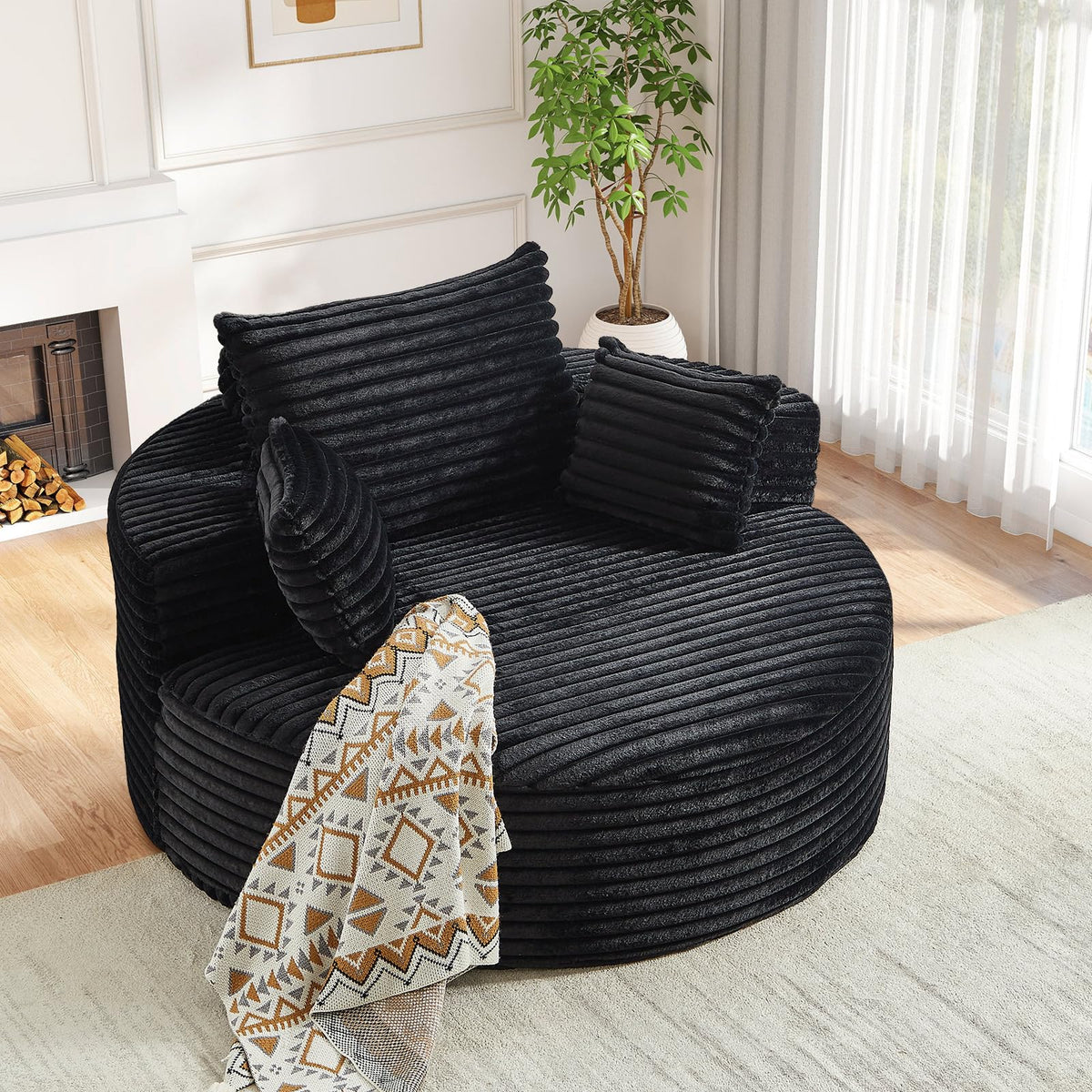 Oversized Round Chaise Longue Chair Indoor, Modern 55-inch Upholstered Corduroy Deep Seat Circle Single Cloud Lounge Floor Sofa Chair for Living Room, Bedroom Apartment, Beige