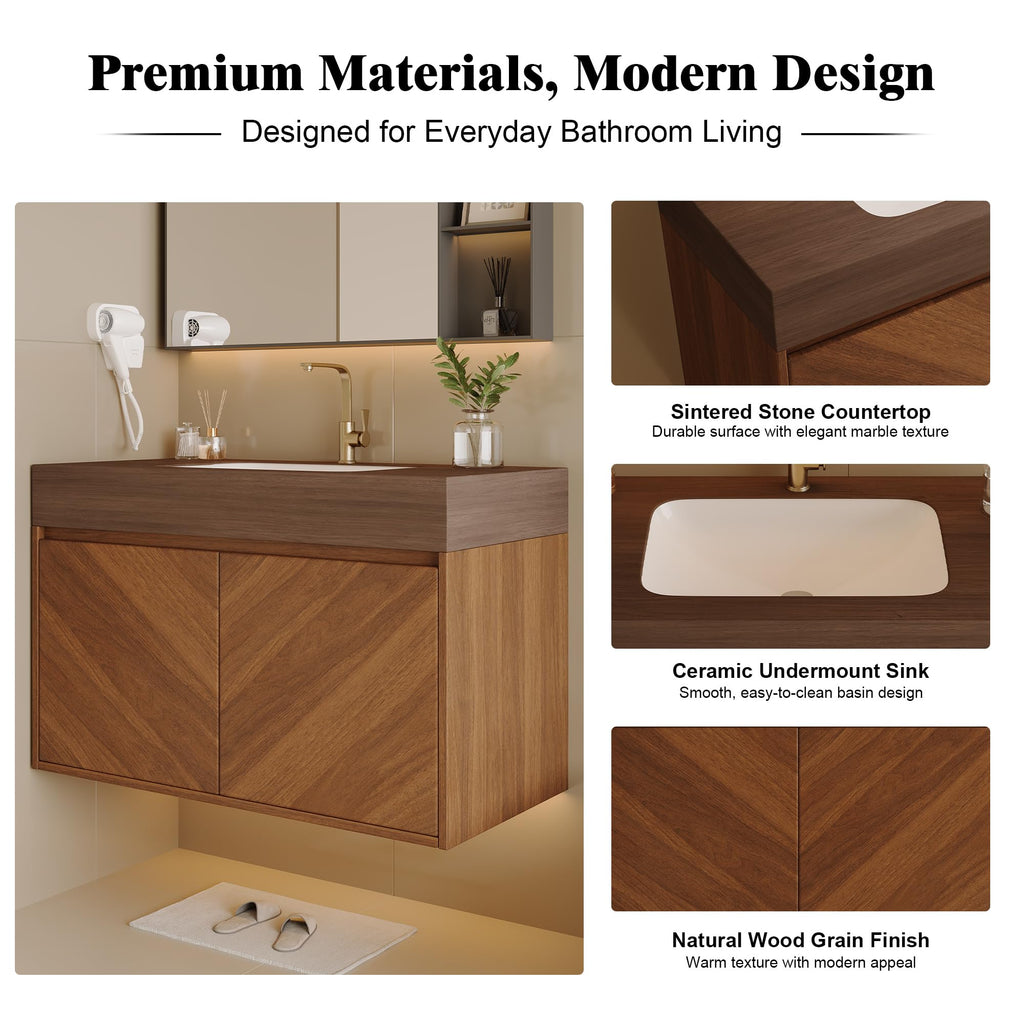 36 Inch Bathroom Vanity with Sink, Black Floating Wall Mounted Vanity