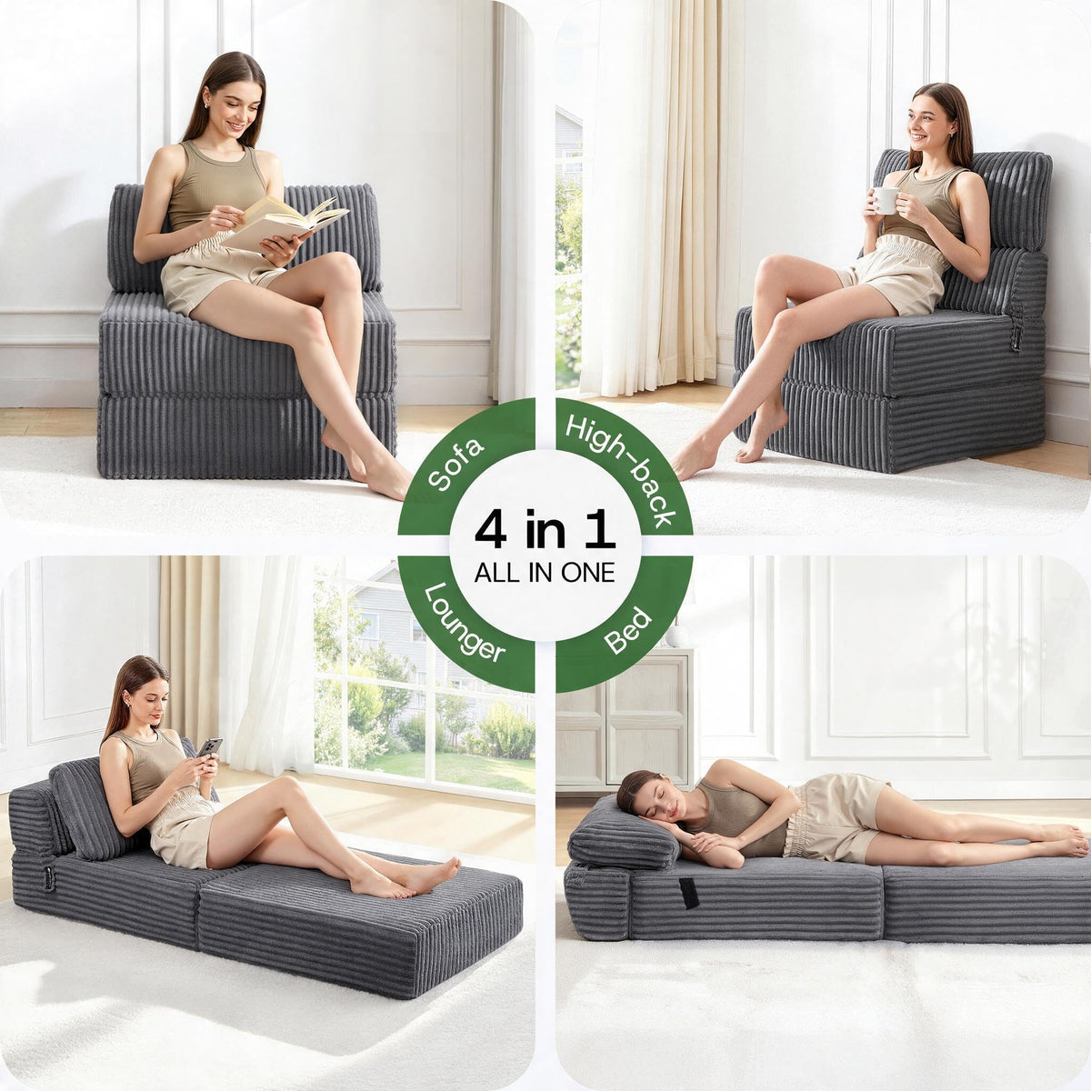 Folding Sofa Bed Convertible 4 in 1 Sleeper Chair Gray Single