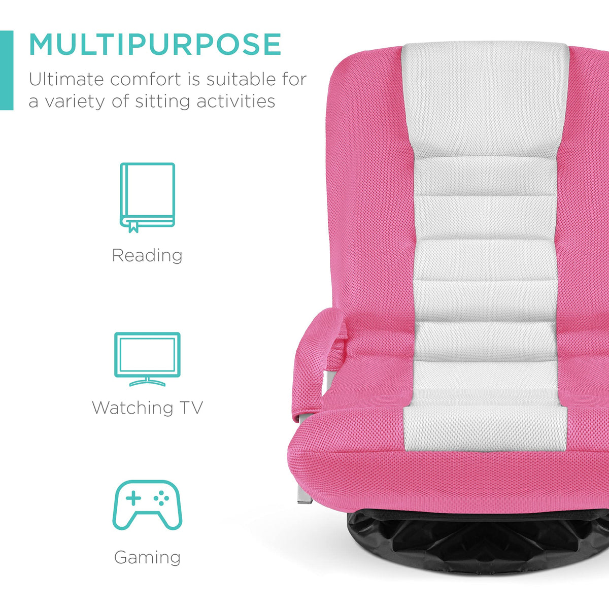 Best Choice Products Swivel Gaming Chair 360 Degree Multipurpose Floor Chair Rocker for TV, Reading, Playing Video Games w/Lumbar Support, Armrest Handles, Adjustable Foldable Backrest - Black/Black