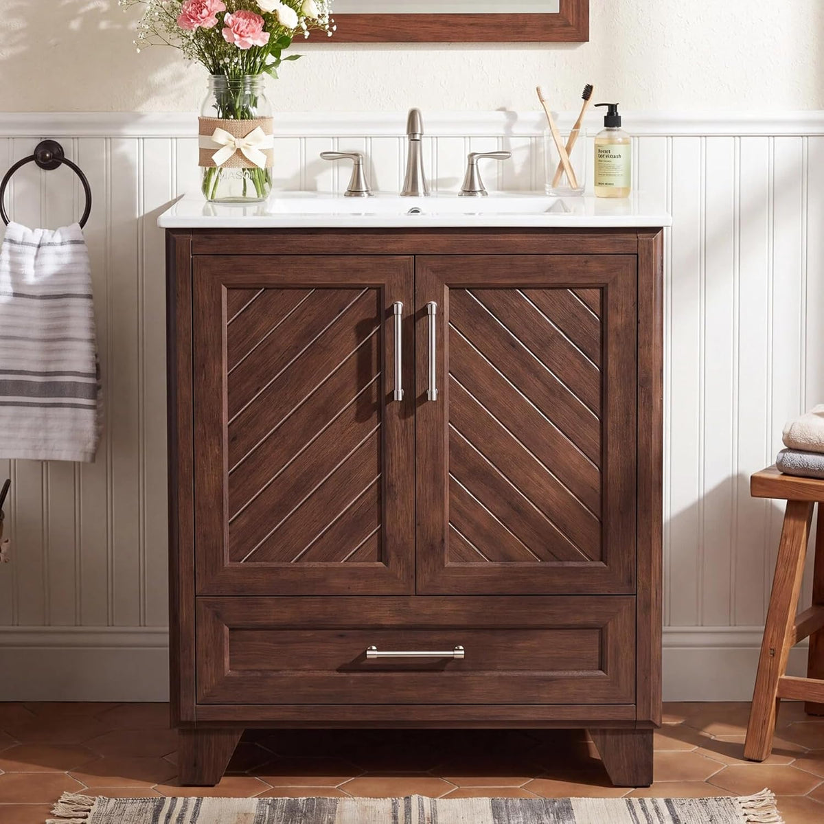 Tribesigns 30 Inch Bathroom Vanity with Sink, Water-Resistant Door, Walnut