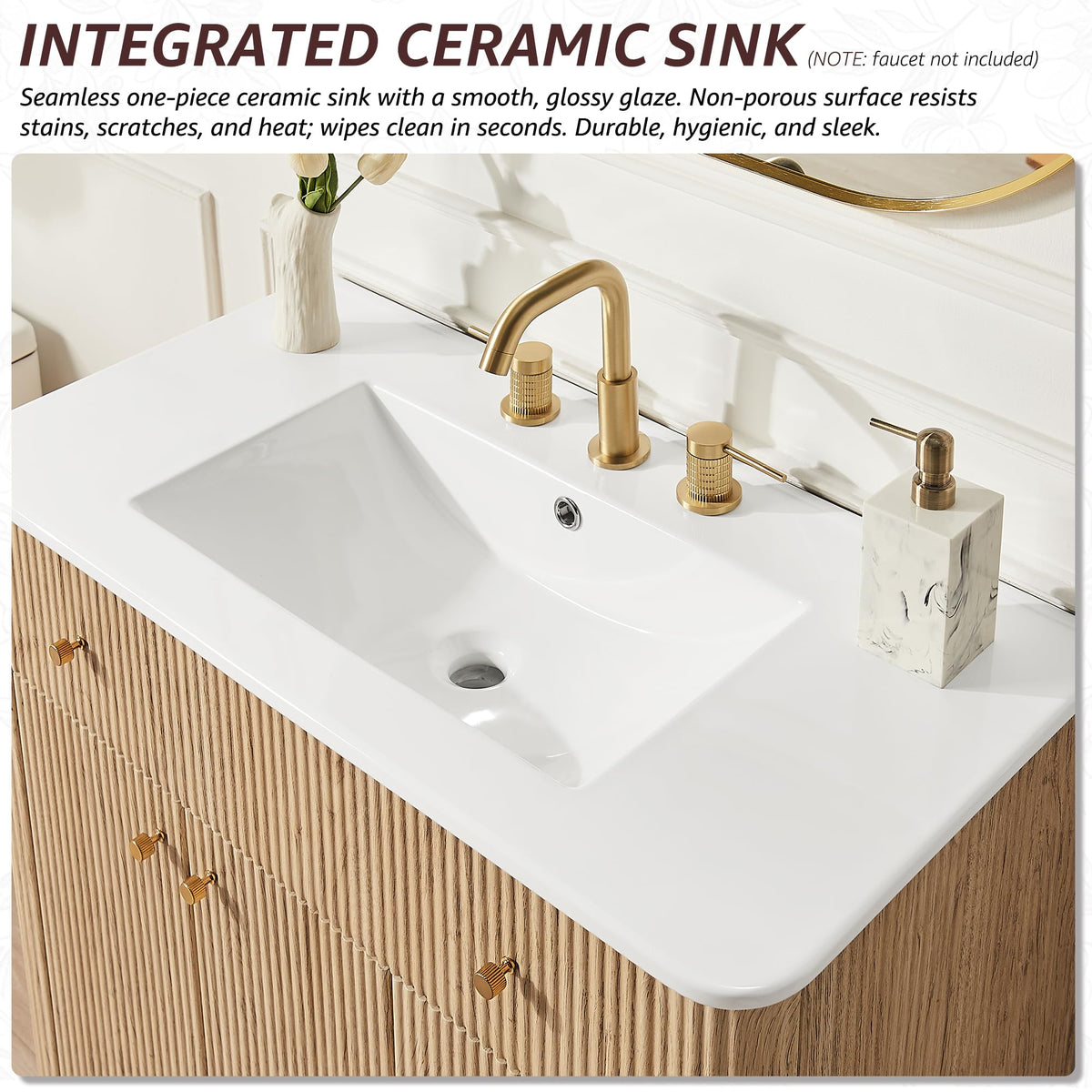 T4TREAM 36" Fluted Bathroom Vanity with Single Sink, Natural Oak