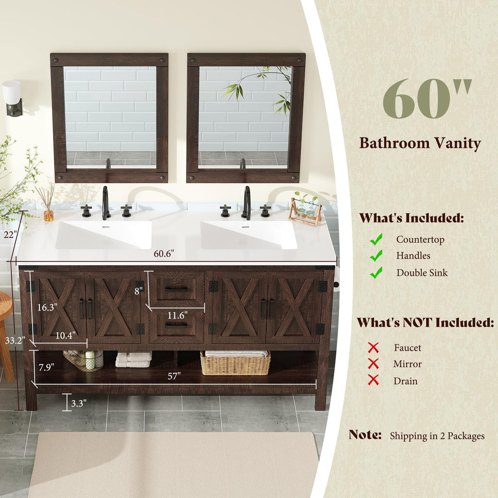 AMERLIFE 48" White Farmhouse Sink Bathroom Vanity, Solid White Top