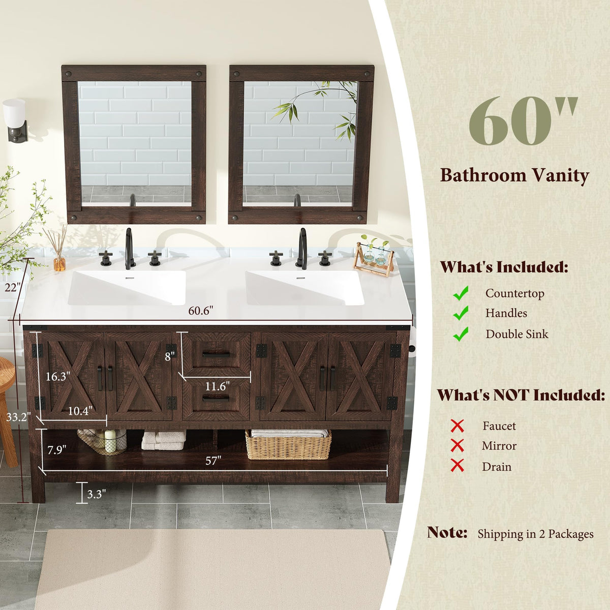 AMERLIFE 48" White Farmhouse Sink Bathroom Vanity, Solid White Top