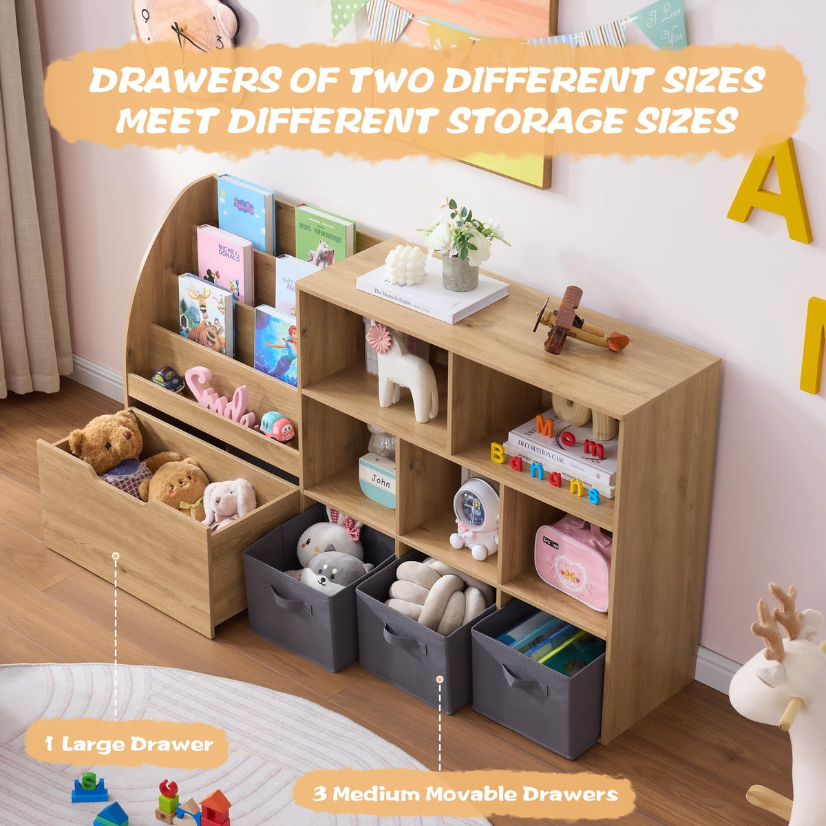 Fatmok Kids Bookshelf and Toy Storage, 2 Pack 58.5ââ Toy Organizer with Movable Chests & 3 Storage Bins, Large Kids Reading Nook with 5 Cubbies for Playroom, Bedroom, Nursery, White