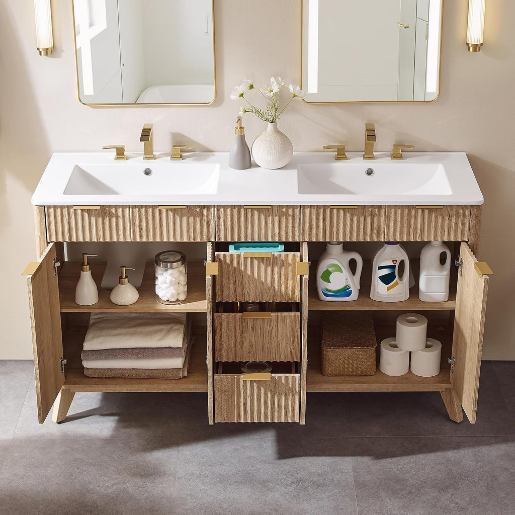 T4TREAM 60" Fluted Bathroom Vanity with Resin Sink Combo, Natural Oak