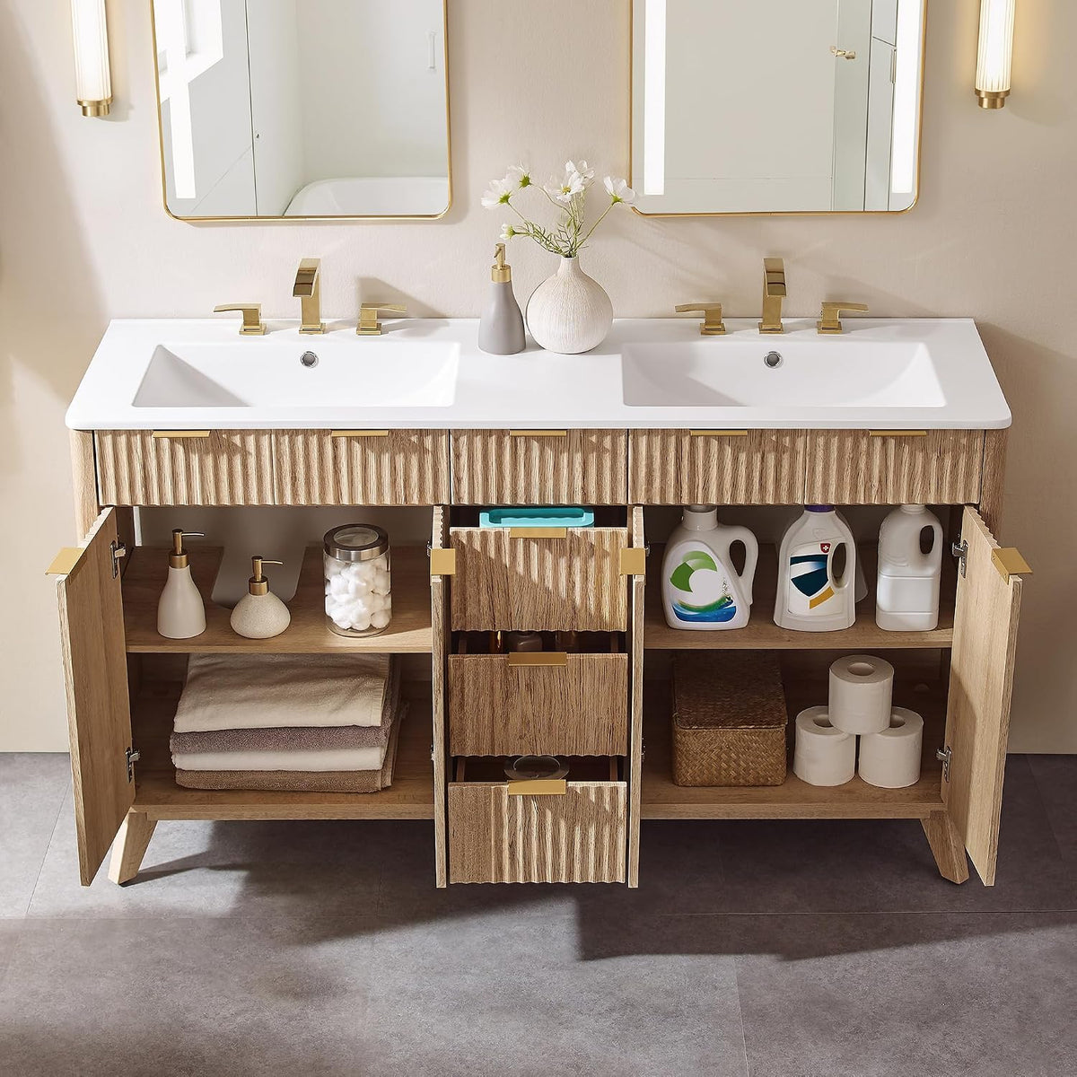 T4TREAM 60" Fluted Bathroom Vanity with Resin Sink Combo, Natural Oak
