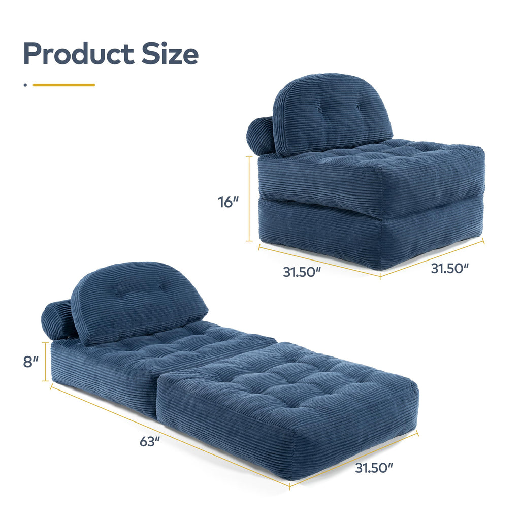 Convertible Corduroy Floor Sofa, 3-in-1 Folding Lazy Sofa Bed with Adjustable Backrest, Soft Bean Bag Chair Lounger for Living Room, Bedroom, Guest Room, Oversized Sleeper Chair