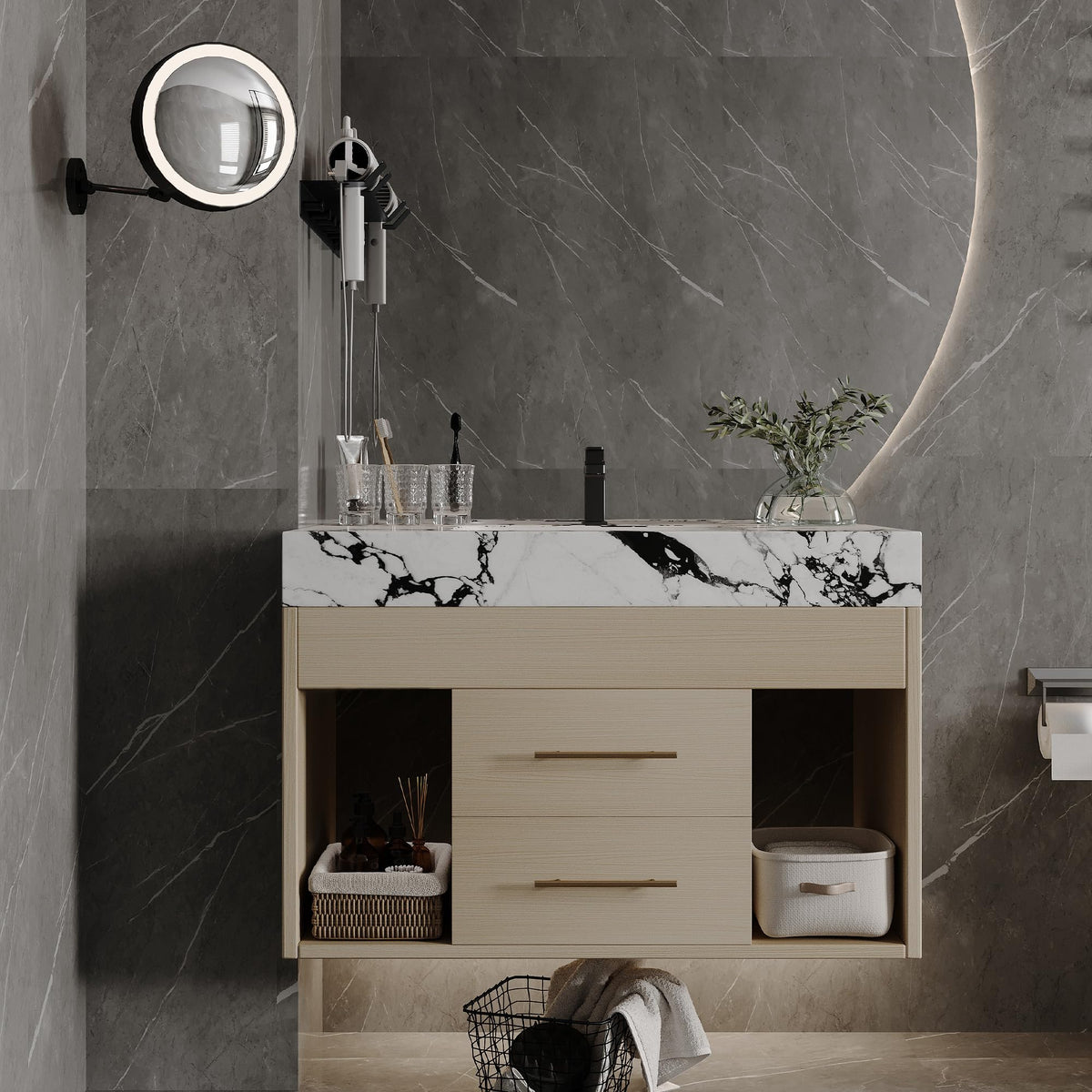 Glintee 40" Floating Bathroom Vanity & Sintered Stone Top, Black