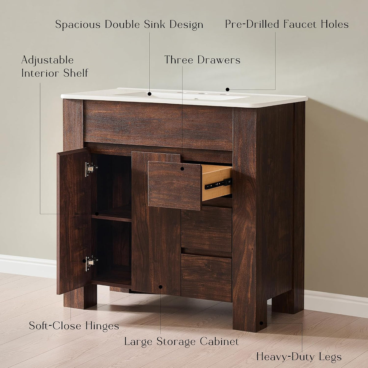 T4TREAM 36 Inch Bathroom Vanity with Sink, Modern Single Sink Bathroom Vanity, Large Bathroom Drawered Cabinet with Handle-Free Design, Dark Walnut