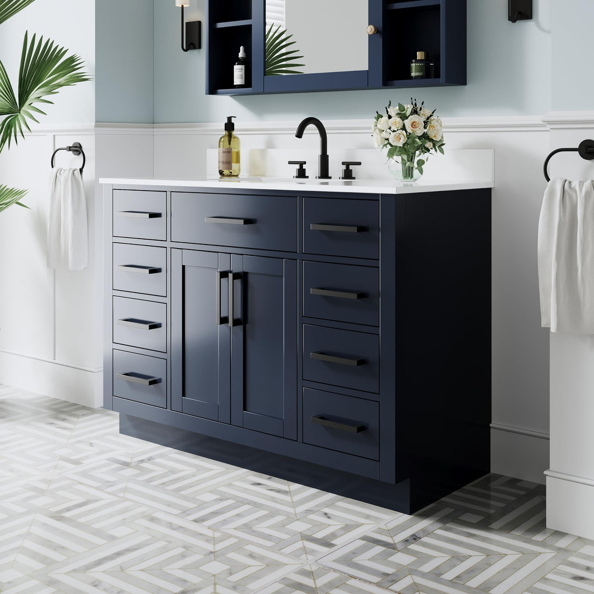 WELLFOR 36-Inch Bathroom Vanity with Sink W/ 2 Doors & 4 Drawers & 1 Flip Drawer,Navy Blue Vanity W/Matte Black Handles
