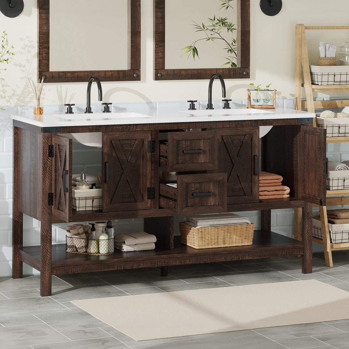 AMERLIFE 48" White Farmhouse Sink Bathroom Vanity, Solid White Top