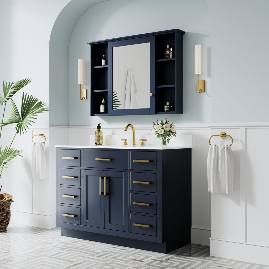 WELLFOR 36-Inch Bathroom Vanity with Sink W/ 2 Doors & 4 Drawers & 1 Flip Drawer,Navy Blue Vanity W/Matte Black Handles