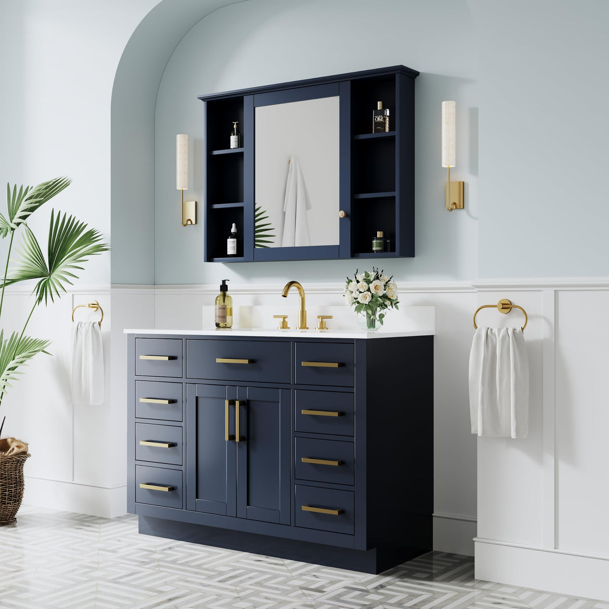 WELLFOR 36-Inch Bathroom Vanity with Sink W/ 2 Doors & 4 Drawers & 1 Flip Drawer,Navy Blue Vanity W/Matte Black Handles