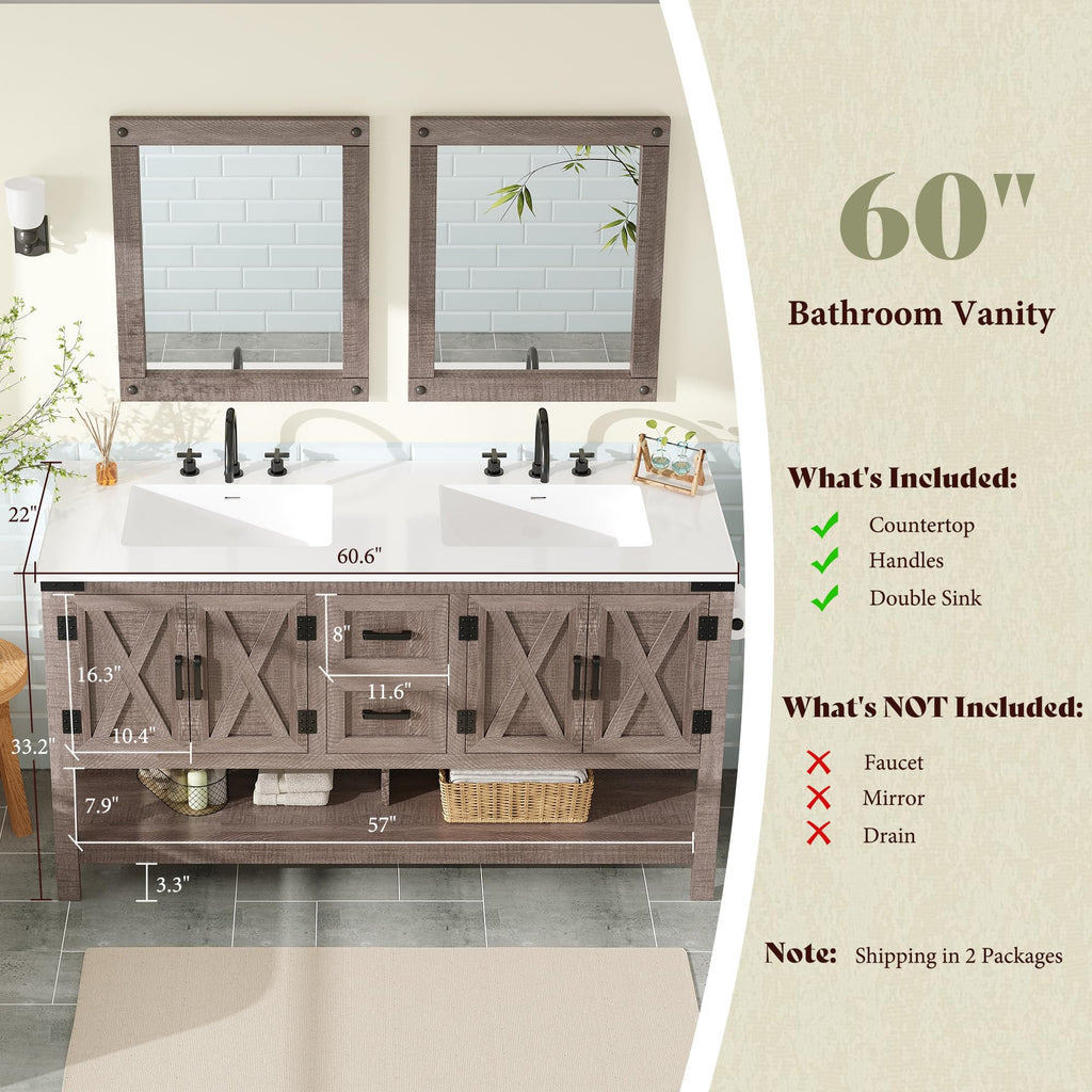 AMERLIFE 48" White Farmhouse Sink Bathroom Vanity, Solid White Top