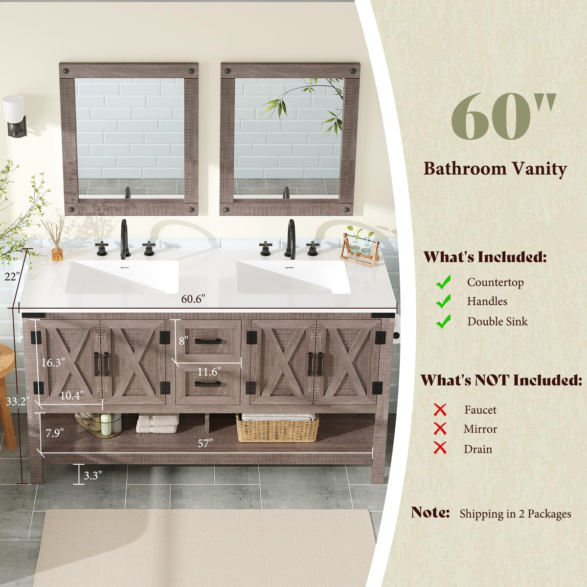 AMERLIFE 48" White Farmhouse Sink Bathroom Vanity, Solid White Top