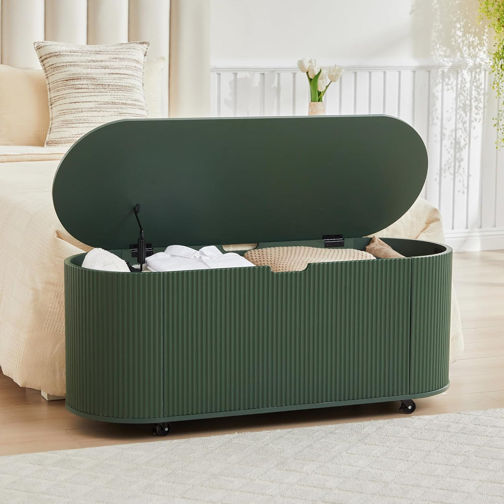 RARZOE 43.3" Fluted Storage Chest, Oval Storage Bench with 4 Wheels,(Green)