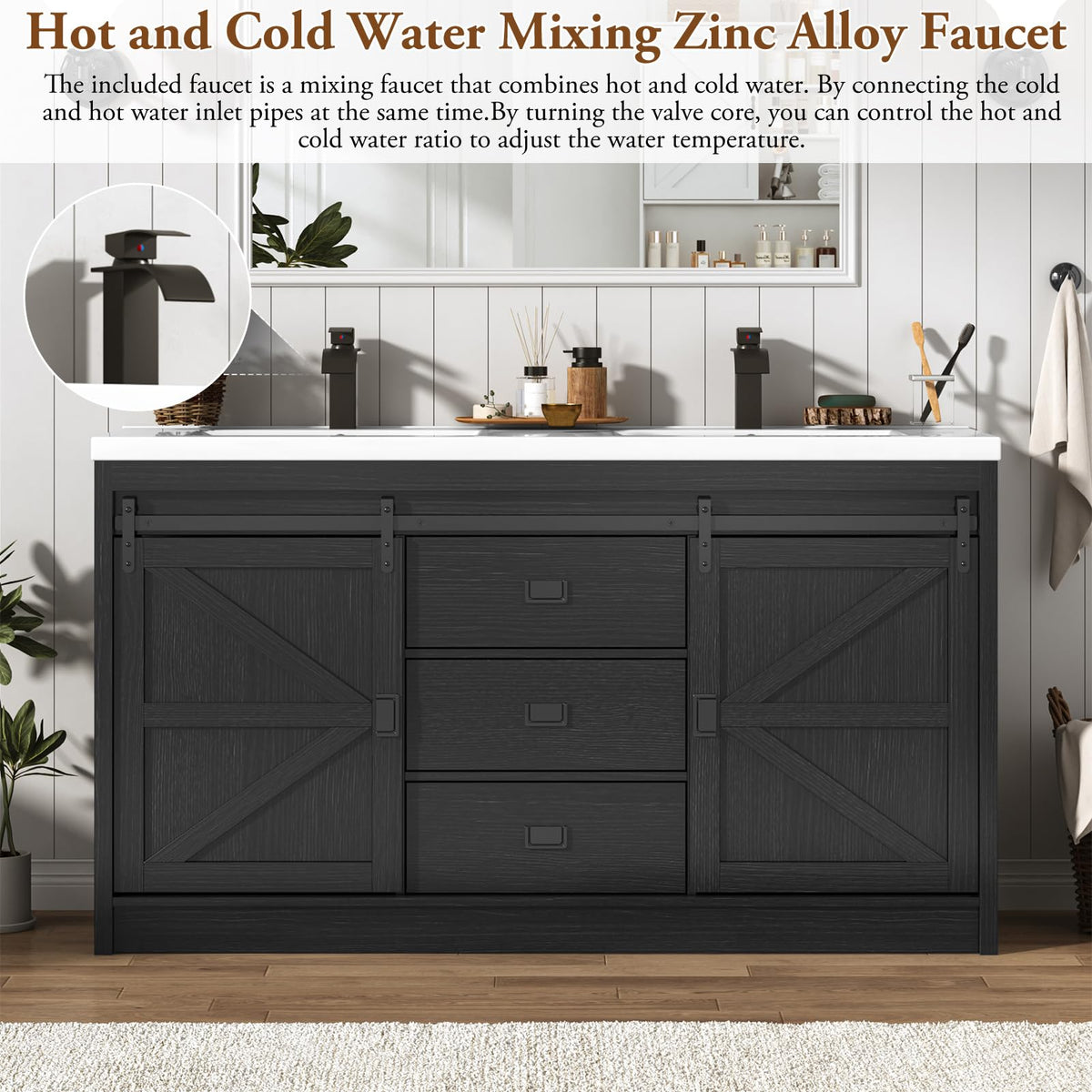 Double Bathroom Vanity with Sink & Faucet & Sewer Pipes,59" Farmhouse Bathroom Vanity Cabinet Set with 3 Storage Drawers & Sliding Barn Door,Double Sink Vanities With Metal Handle(Rustic Grey)