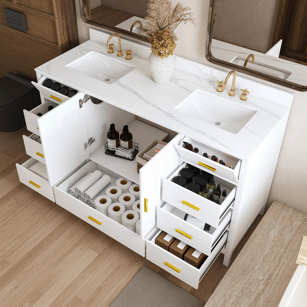 60" Bathroom Vanity Single Sink with 3 Hole, Sink Bathroom Vanity with Solid Wood Frame Storage,Soft Close Double Doors & 9 Sliding Drawers, with Gold Accents