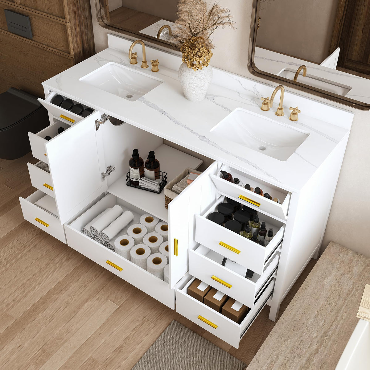 60" Bathroom Vanity Single Sink with 3 Hole, Sink Bathroom Vanity with Solid Wood Frame Storage,Soft Close Double Doors & 9 Sliding Drawers, with Gold Accents