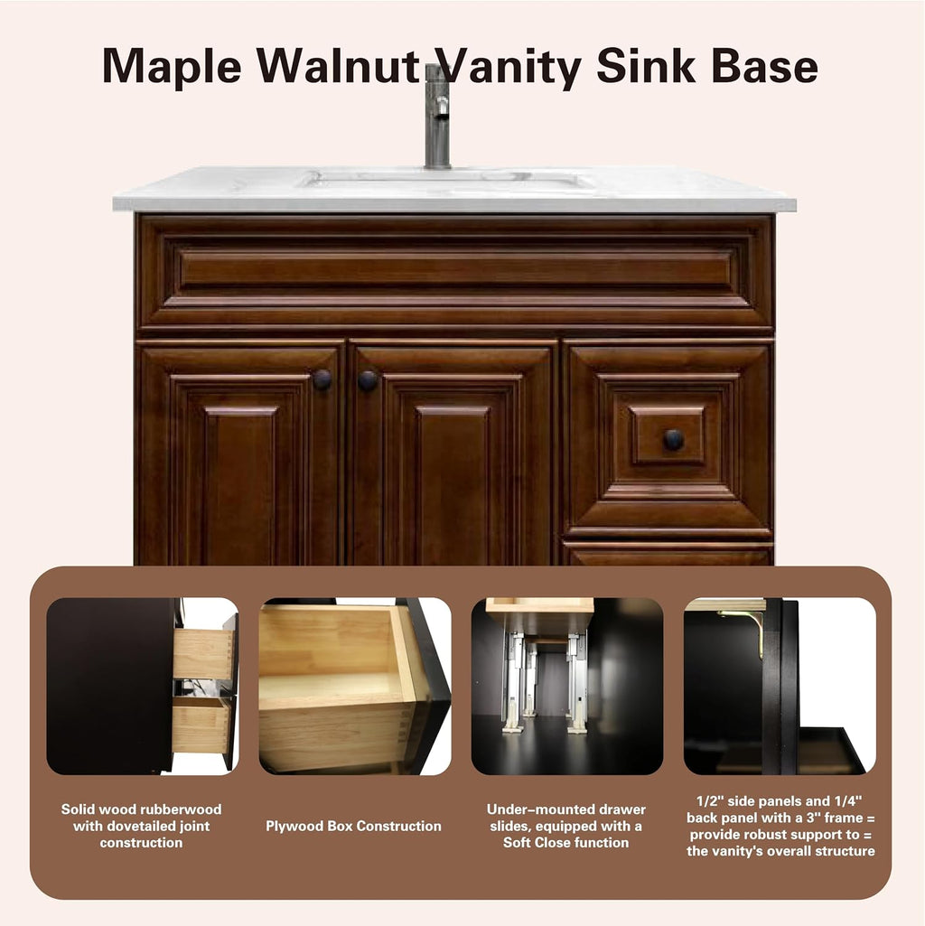 36" Maple Walnut Bathroom Vanity Base â Ready-to-Assemble Sink Cabinet with Drawers, Shaker Style Storage, Base Only, No Top or Sink