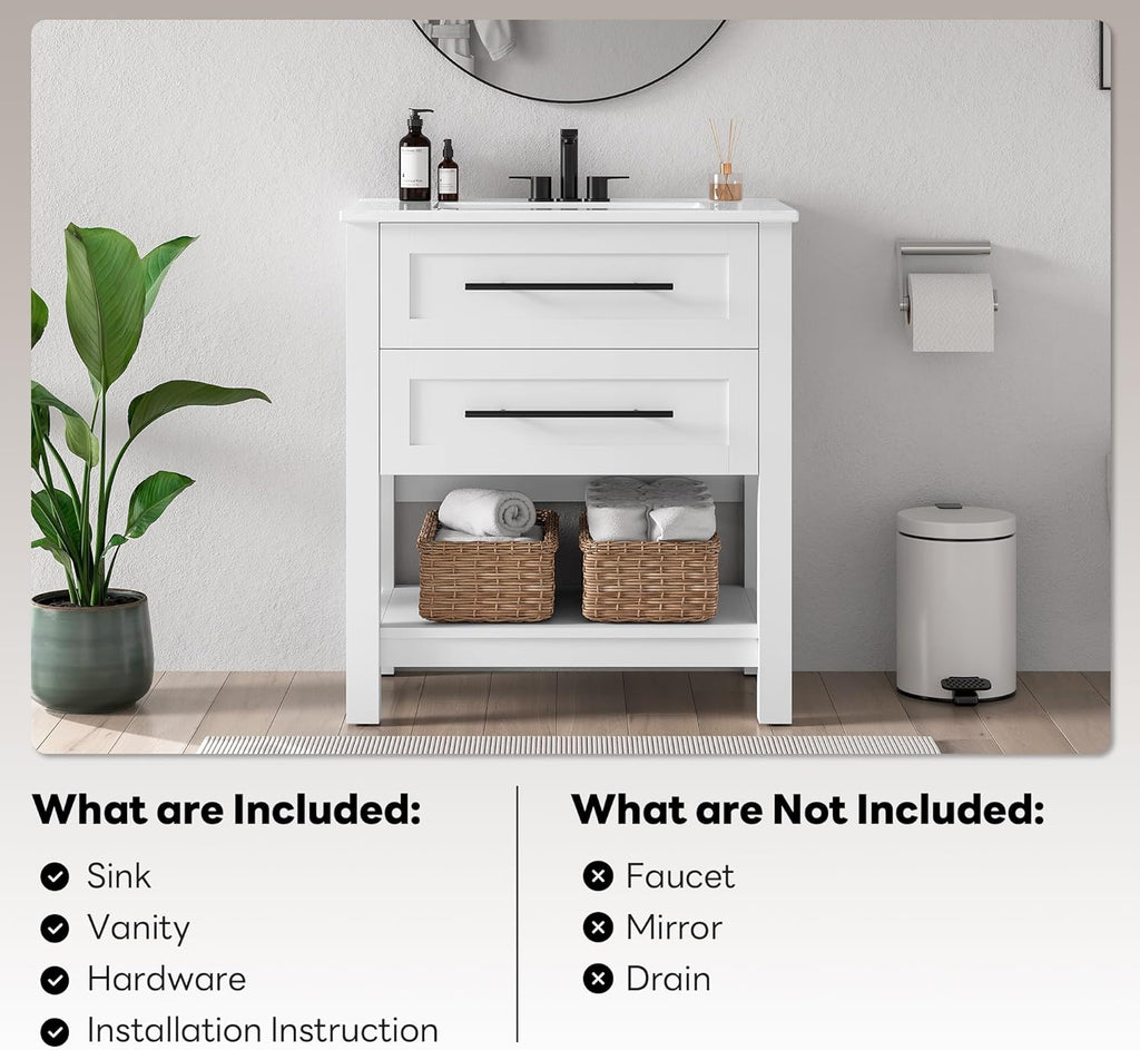 LIKIMIO 30" Bathroom Vanity with Sink, 2 Drawers & Open Shelf, White