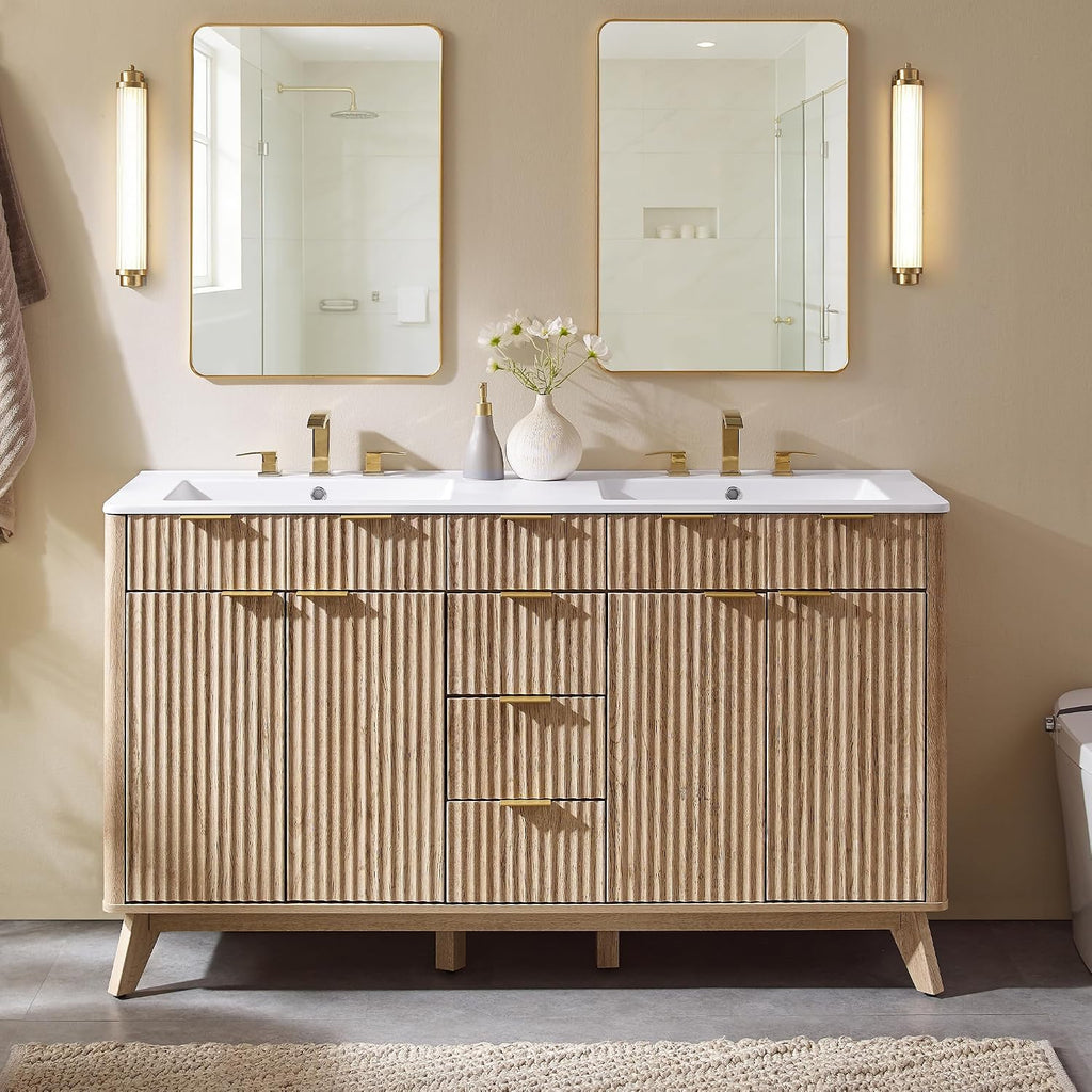 T4TREAM 60" Fluted Bathroom Vanity with Resin Sink Combo, Natural Oak