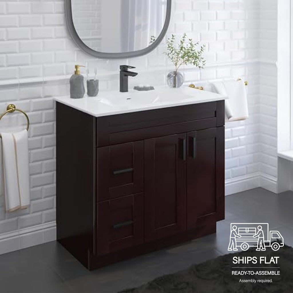 36" Maple Walnut Bathroom Vanity Base â Ready-to-Assemble Sink Cabinet with Drawers, Shaker Style Storage, Base Only, No Top or Sink