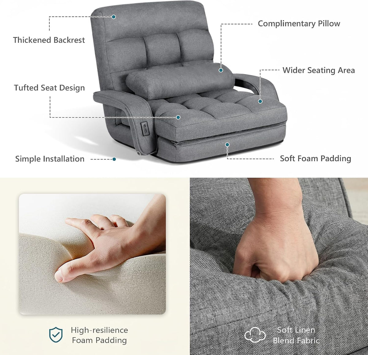Comfy Floor Chair with Adjustable Backrest, Gaming Sofa Chairs (Grey)