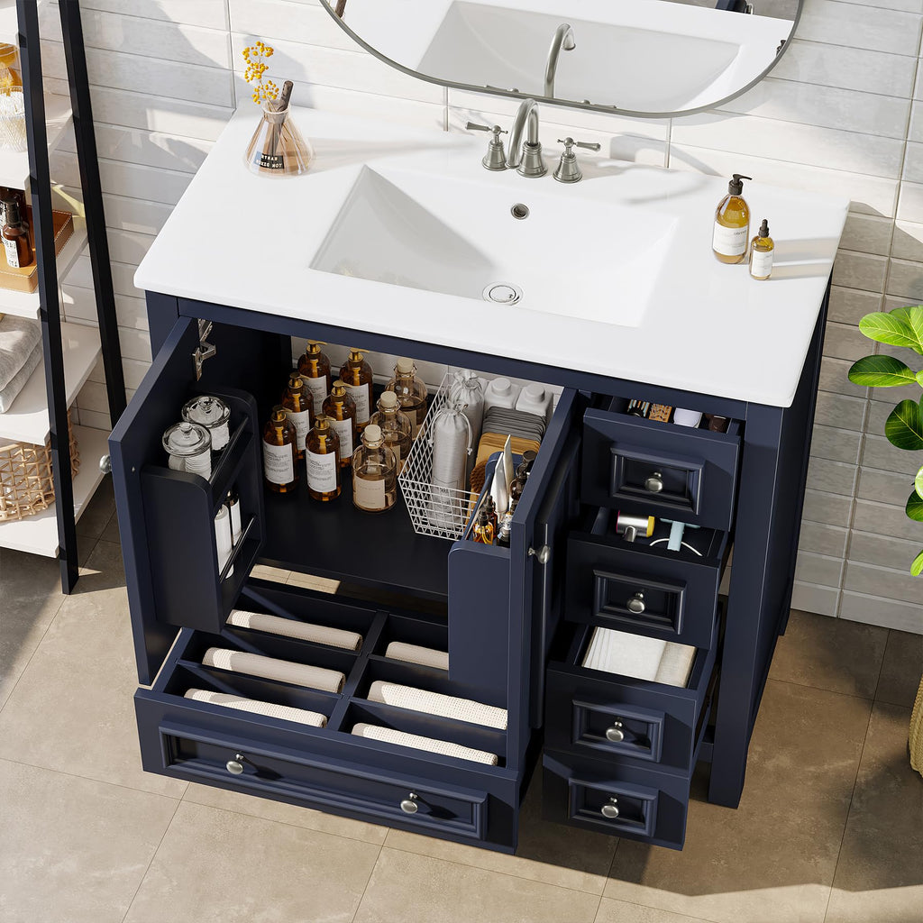 Tribesigns 30" Bathroom Vanity with Sink, Freestanding Bathroom Vanities Cabinet with Ceramic Basin Combo, Bathroom Sink Cabinet with 2 Doors and 1 Drawer, Solid Wooden Frame (Navy Blue, 30 INCH)
