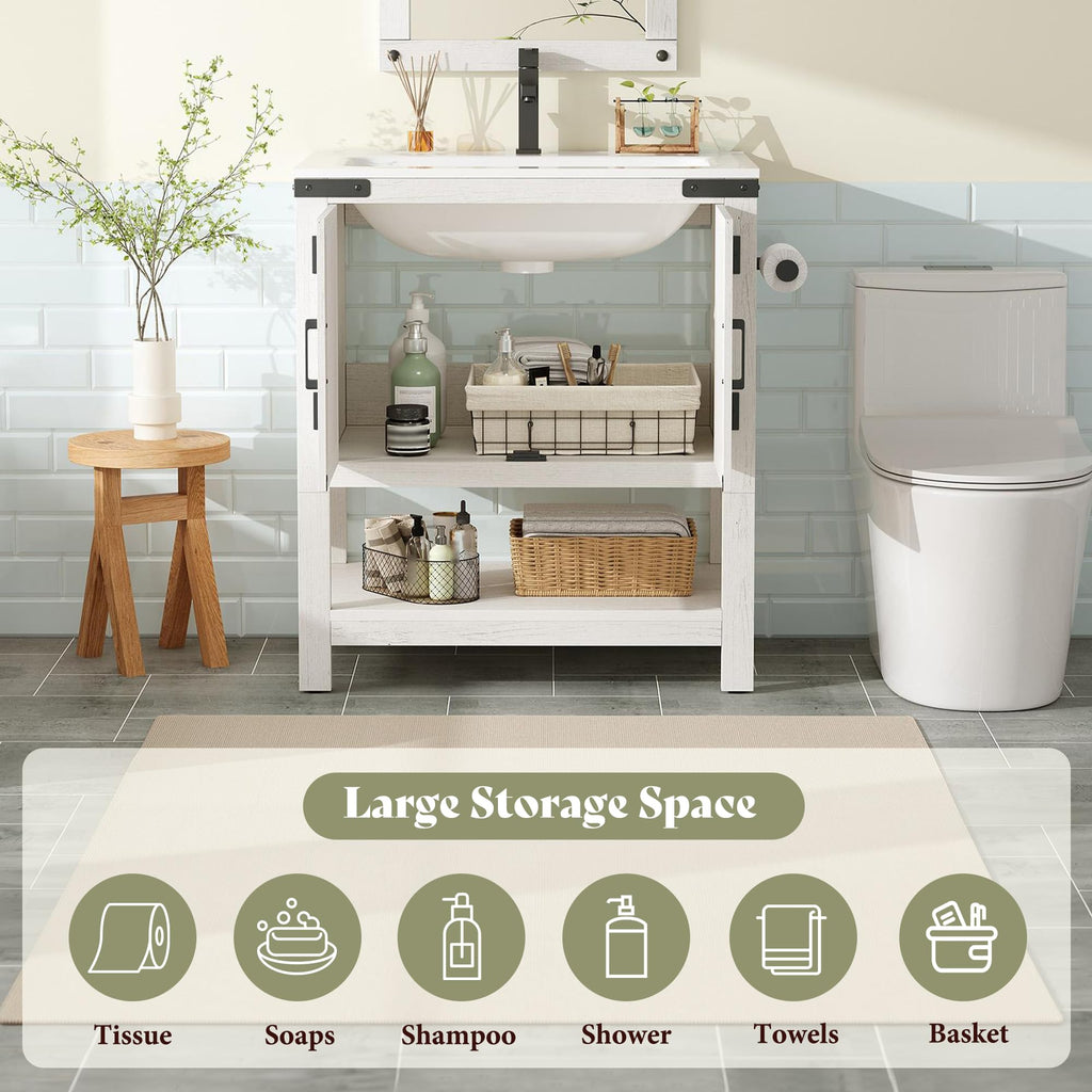AMERLIFE 48" White Farmhouse Sink Bathroom Vanity, Solid White Top