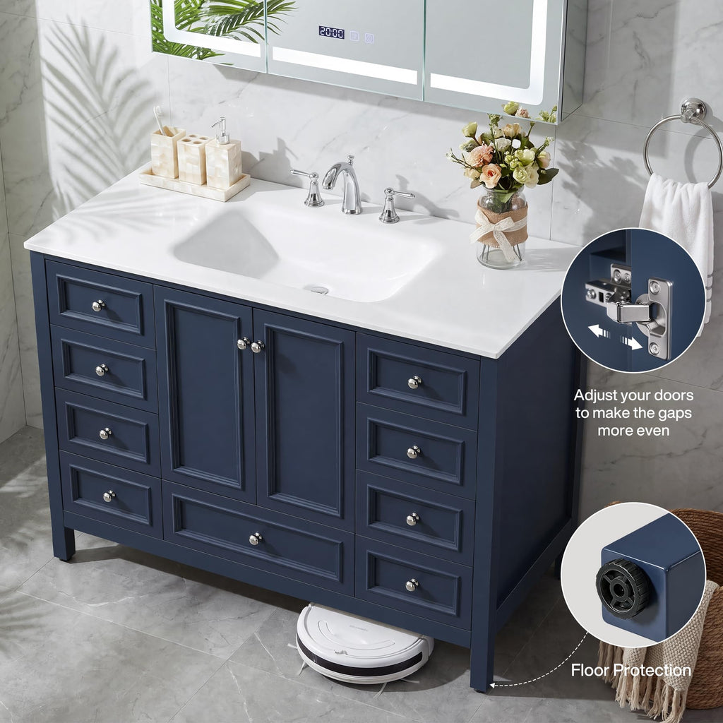 Tribesigns 30" Bathroom Vanity with Sink, Freestanding Bathroom Vanities Cabinet with Ceramic Basin Combo, Bathroom Sink Cabinet with 2 Doors and 1 Drawer, Solid Wooden Frame (Navy Blue, 30 INCH)