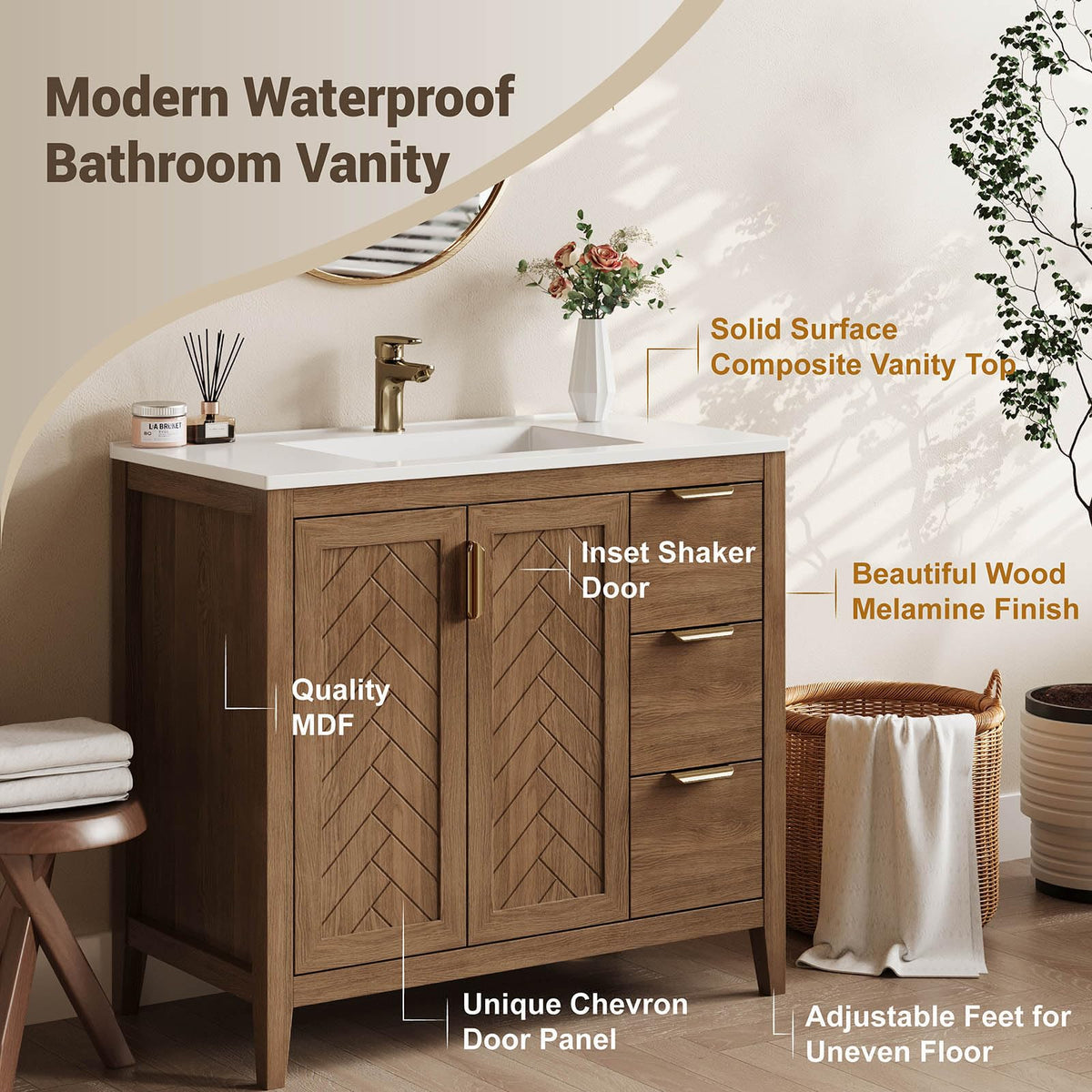 36 Inch Modern Bathroom Vanity with Sink, Black