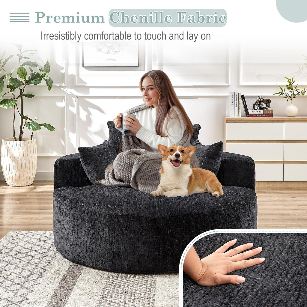 Oversized Round Chaise Longue Chair Indoor, Modern 55-inch Upholstered Corduroy Deep Seat Circle Single Cloud Lounge Floor Sofa Chair for Living Room, Bedroom Apartment, Beige