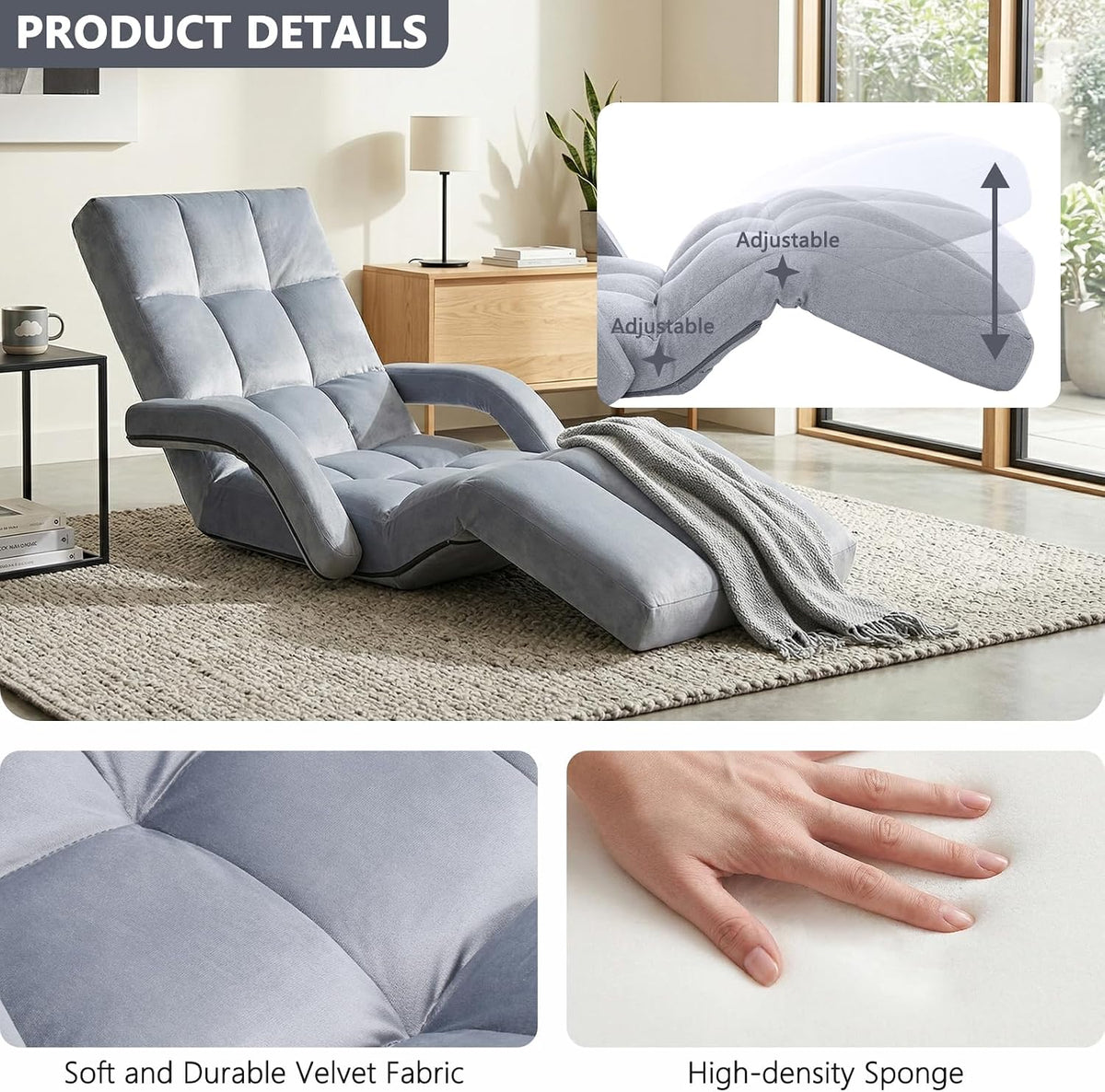 Velvet Adjustable Floor Gaming Chair with 14-Positions, Folding Floor Chair with Back Support, Indoor Floor Chairs with Armrest for Living Room, Bedroom, Balcony, Grey
