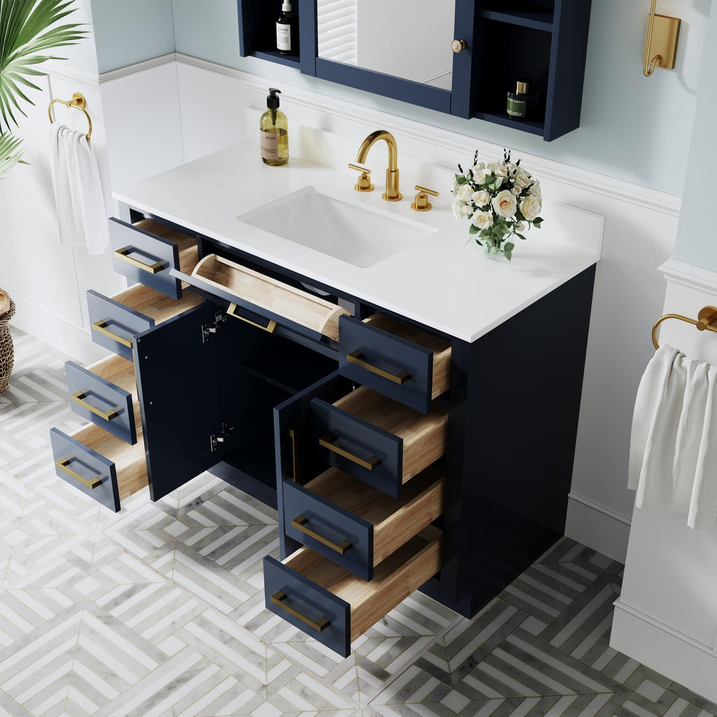 WELLFOR 36-Inch Bathroom Vanity with Sink W/ 2 Doors & 4 Drawers & 1 Flip Drawer,Navy Blue Vanity W/Matte Black Handles