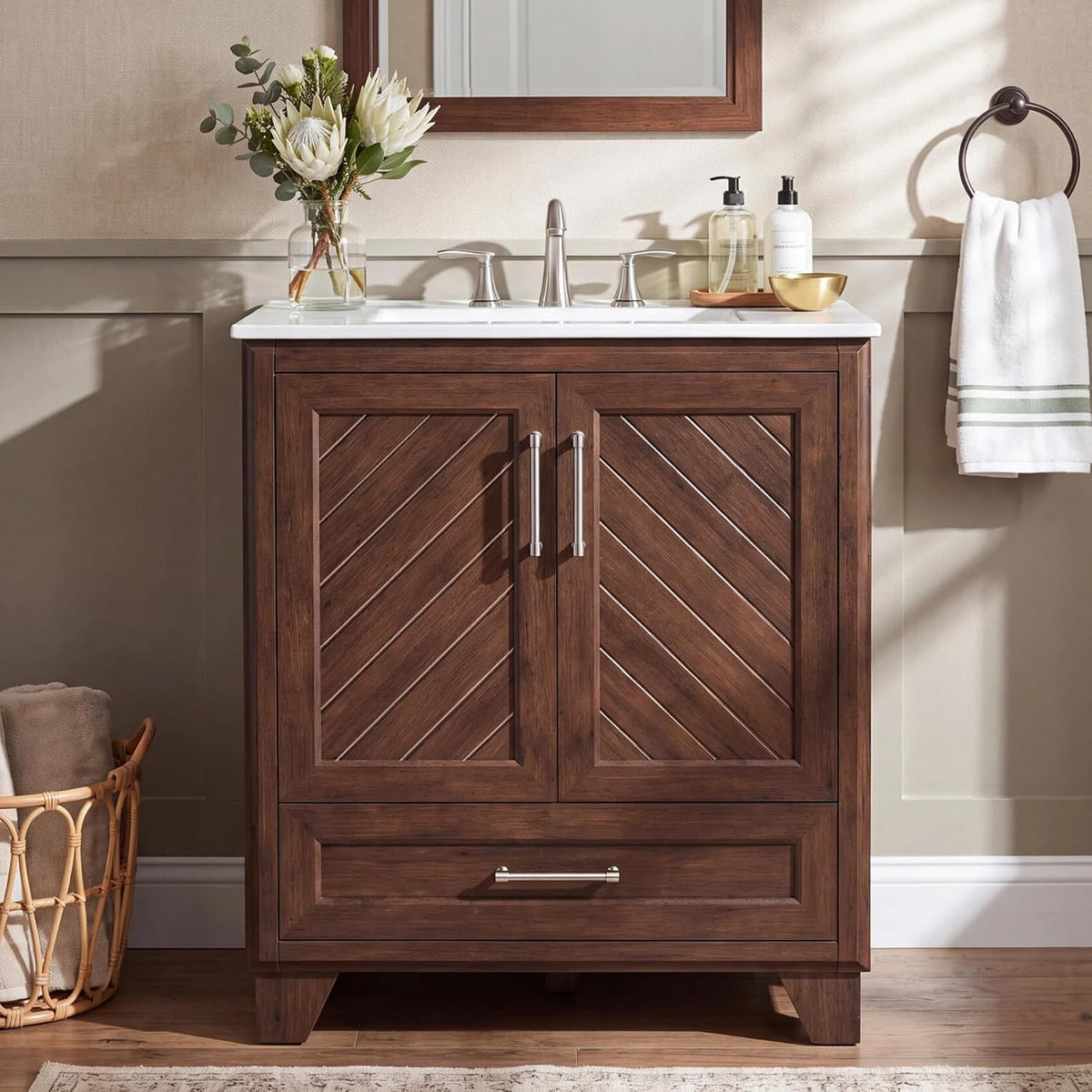 Tribesigns 30 Inch Bathroom Vanity with Sink, Water-Resistant Door, Walnut
