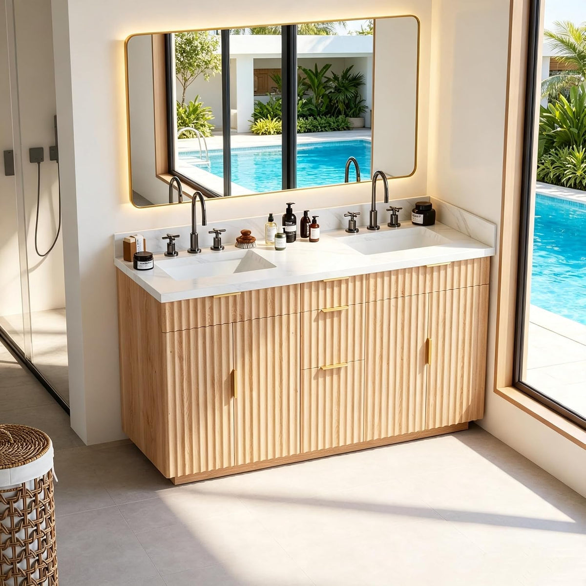 60 Inch Bathroom Vanity Double Sink, Solid Oak Wood, Quartz Top