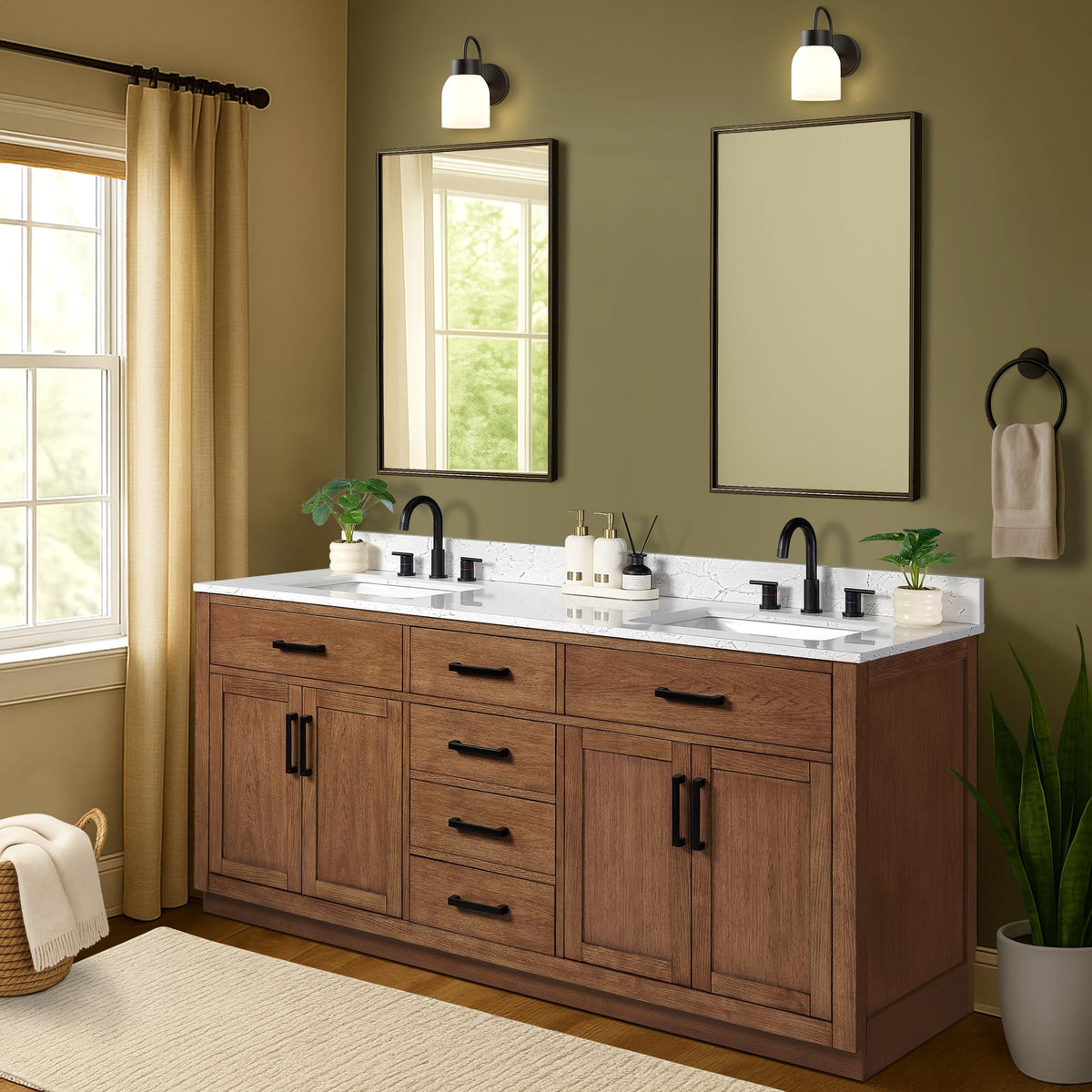 48-inch Dark Walnut Bathroom Vanity with Sink, Solid Wood, 0.79-inch Stone Countertop and Backsplash, 9 Drawers, 2 Soft Closing Doors
