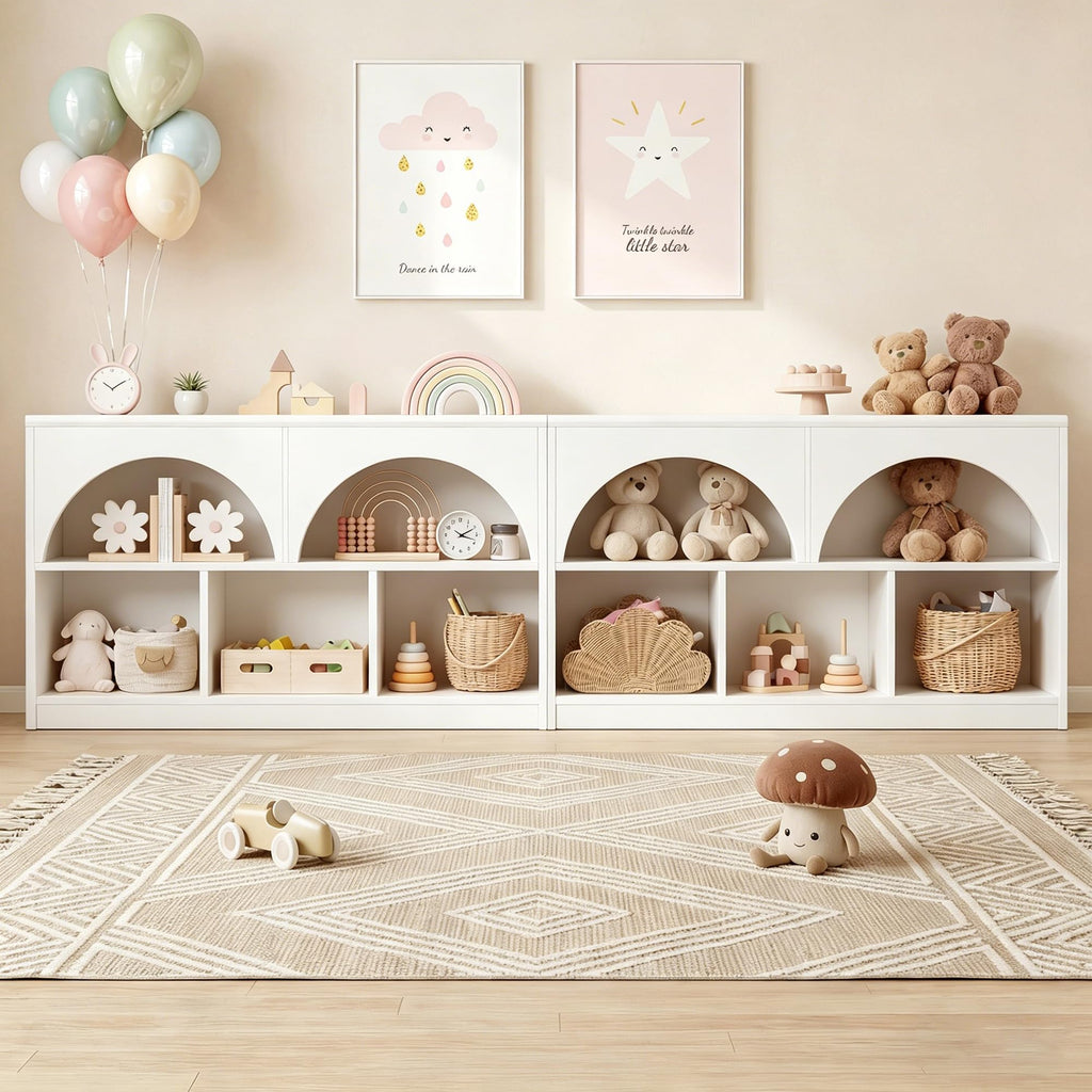 Fatmok Kids Bookshelf and Toy Storage, 2 Pack 58.5ââ Toy Organizer with Movable Chests & 3 Storage Bins, Large Kids Reading Nook with 5 Cubbies for Playroom, Bedroom, Nursery, White