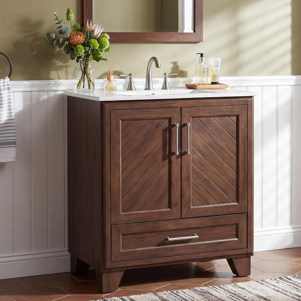 Tribesigns 30 Inch Bathroom Vanity with Sink, Water-Resistant Door, Walnut