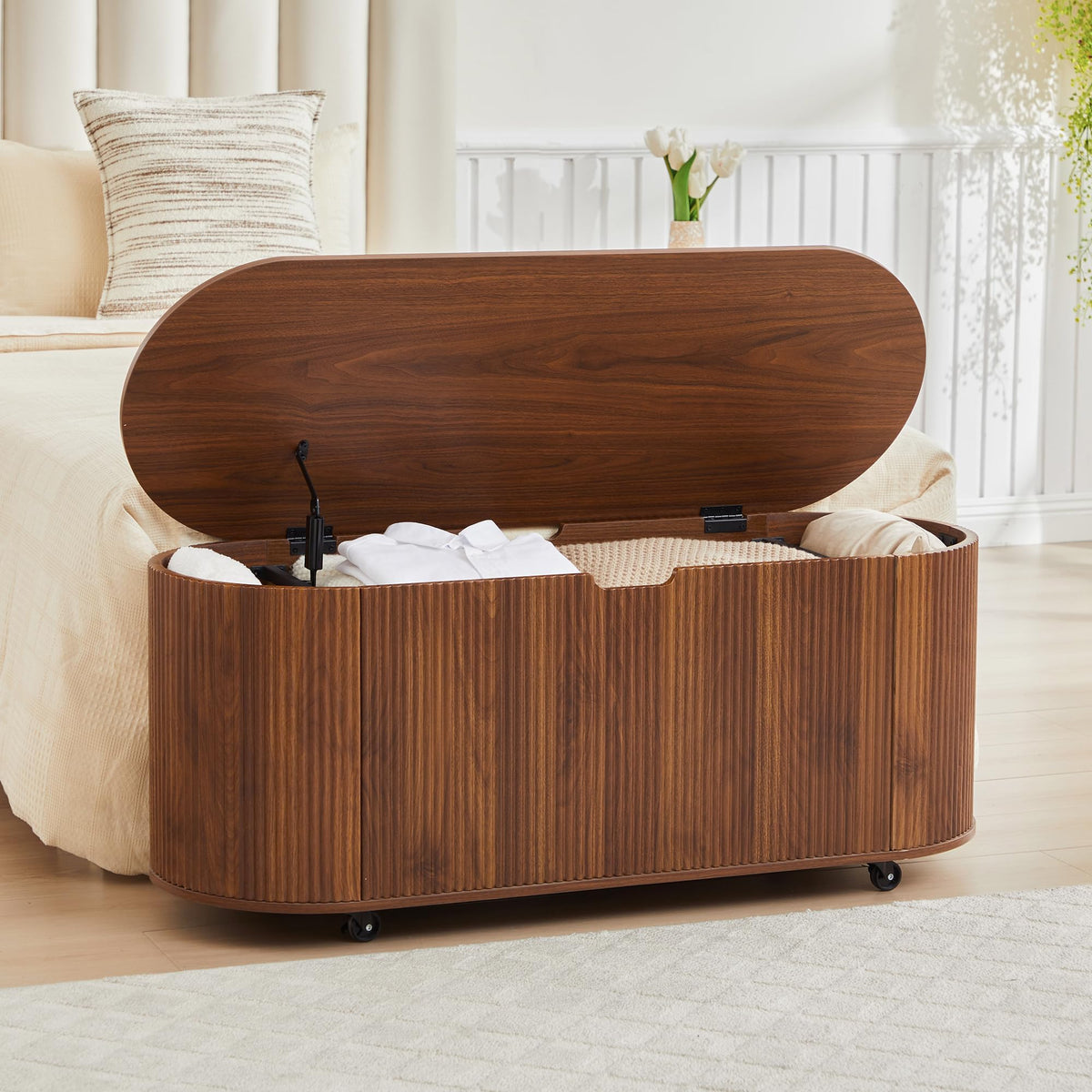 RARZOE 43.3" Fluted Storage Chest, Oval Storage Bench with 4 Wheels,(Green)