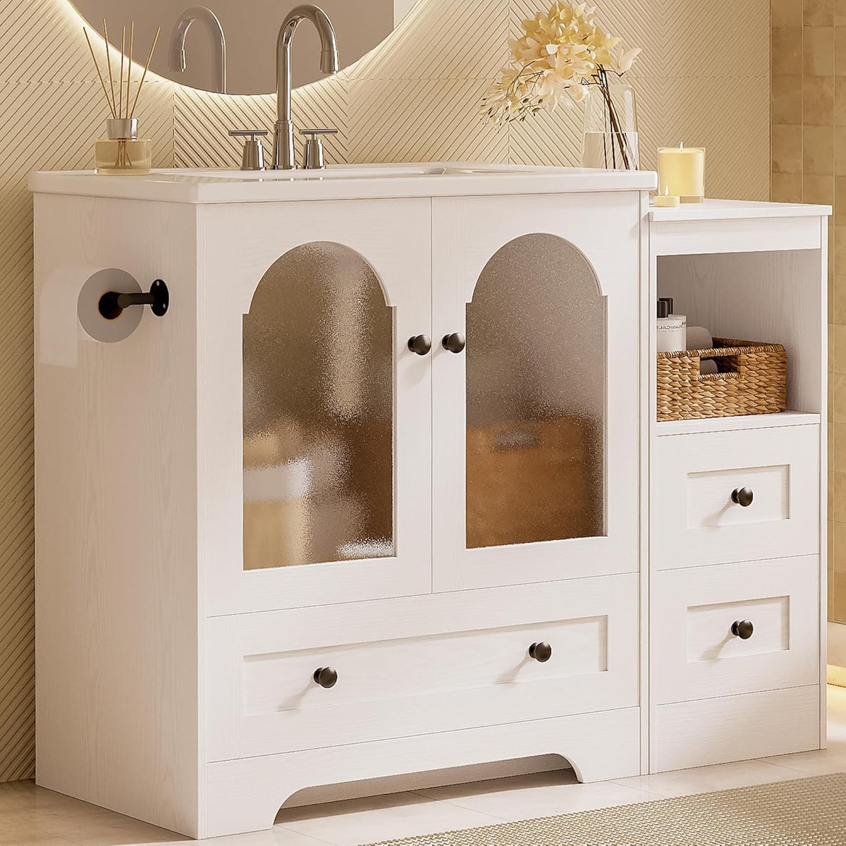 IRONCK 42 Inch Bathroom Vanity with Sink Set, Reversible Design, White