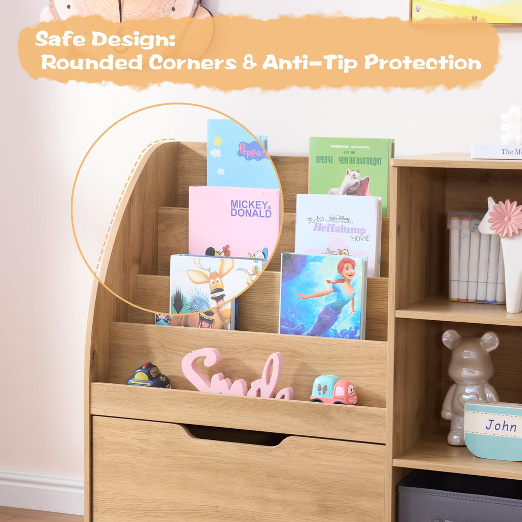 Fatmok Kids Bookshelf and Toy Storage, 2 Pack 58.5ââ Toy Organizer with Movable Chests & 3 Storage Bins, Large Kids Reading Nook with 5 Cubbies for Playroom, Bedroom, Nursery, White