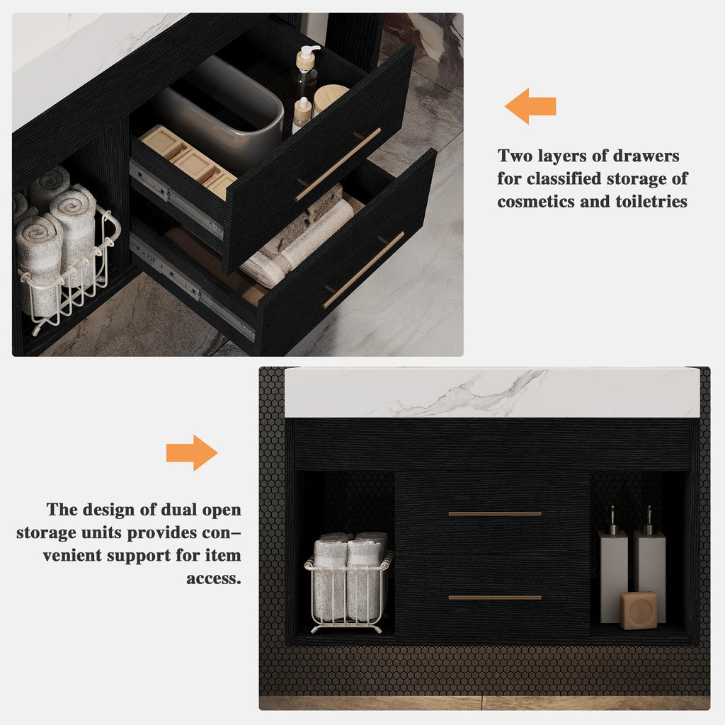 Glintee 40" Floating Bathroom Vanity & Sintered Stone Top, Black